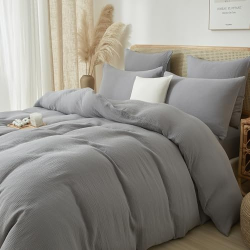 Luofanfei Graue Muslin Bettwäsche 135x200 Baumwolle Renforce Grau Einfarbig Sommer Kühlende Boho Bettwäsche Set Knitterlook Weiche Bettbezug Bügelfrei mit Reißverschluss und Kissenbezug 80x80cm