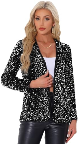Allegra K Mujer Chaqueta De Lentejuelas con Frente Abierto Y Manga Larga con Purpurina para Fiesta Disco Disfraz de Halloween Plata XS