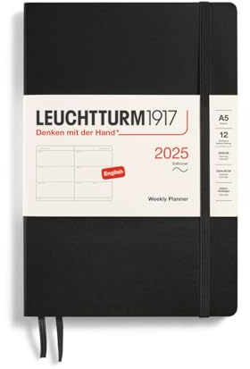 LEUCHTTURM1917 370784 Wochenkalender Medium (A5) 2025, Softcover, Schwarz, Englisch