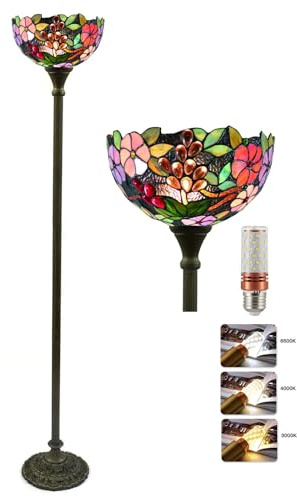 Five liters Tiffany Style 12 Inch Grapes Floor Lamp Stained Glass Crystal Bead Lampshade Antique Lighting Living Room Lamps -Up Light, 64 Height, with Light Bulb