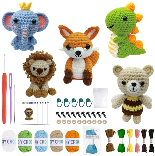 DPZO 5Pcs Crochet Kit for Beginners, Knitting Starter Pack for Adults and Kids, Great Gift for Crochet Lovers, Crochet Animal Kits with Step Videos