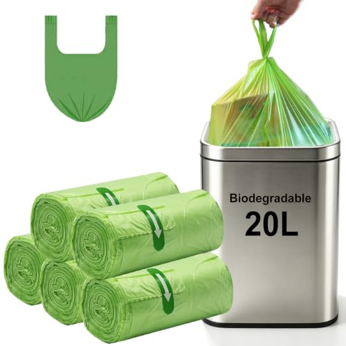 Biodegradable Compostable Bin Liners 20L Tie Handle, 100PCS Food Waste Bags | Recycling Degradable, Strong, No Leakage, Rwoyurr 15/20 Litre Trash Rubbish Pedal Liner for Kitchen Office Bathroom, Green
