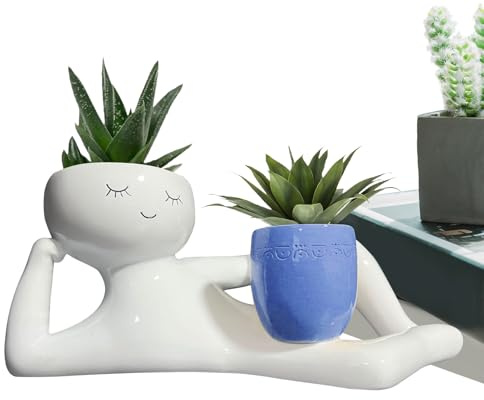 Yiohejy Lazy Little Character - Maceta de resina, diseño de cactus con diseño de drenaje, macetas dobles, contenedor de flores suculentas
