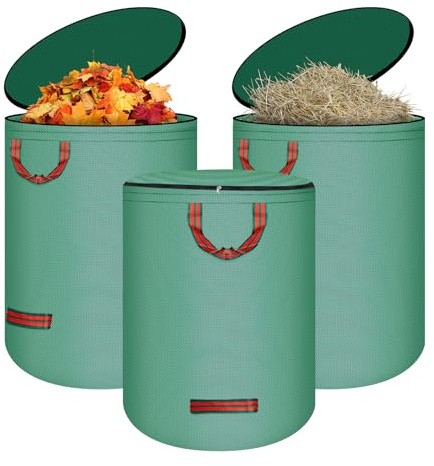 FHMIDIC 3x 272L Gartenabfallsack mit Deckel, Gartensack Laubsack stabil mit Griffen, Gartensäcke für Gartenabfälle, Laubsäcke Rasenschnitt, Grünschnittsäcke faltbar, Aus Polypropylengewebe 150GSM