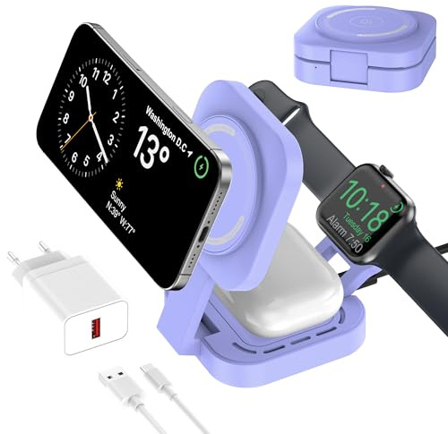 Chargeur sans Fil 3 en 1 pour appareils Apple, Chargeur Induction, 3 en 1 Station de Charge Rapide pour Magsafe iPhone 17/Air/16/15/14/13/12, Apple Watch,AirPods Pro/2/3/4 (Adaptateur Inclus) (Violet)