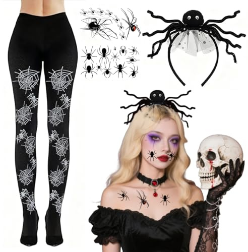 EZOULUOBA Halloween Spinnen Kostüm Set - 1 Strumpfhose + 1 halloween kopf knopf haarbänder + 2 pcs tattoo stickers
