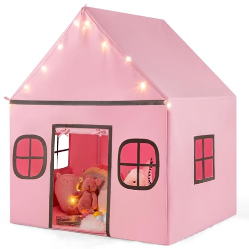 COSTWAY Tienda Campaña Infantil, Casa de Actividad para Niños con Cortina de Puerta y Ventanas, Luces de Estrella, Alfombra Acolchada Antideslizante, Bolsillo Lateral, Tipi Infantil de 3+ Años (Rosa)