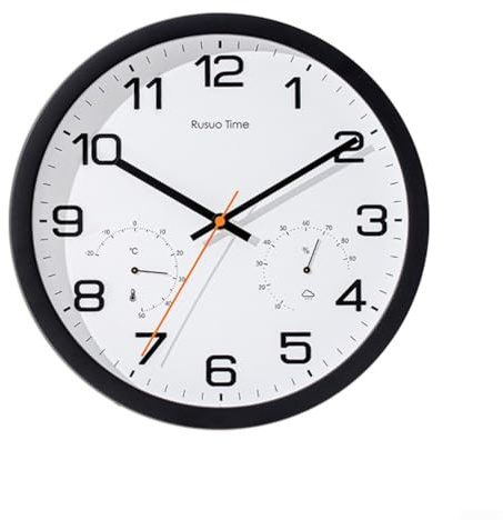 Non Ticking 12in Quartz Wall Clock with Thermometer Hygrometer for Office Home and Classroom Battery Powered (A)