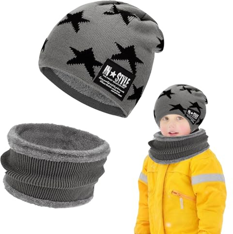DTXYBC Enfants Bonnet, Bonnet Chaud écharpe Ensemble pour Enfants, Enfant Hiver Epais Bonnets Echarpe Ensemble avec Doublure Polaire, pour Enfant Garçons Filles 5-15 Ans (Gray)