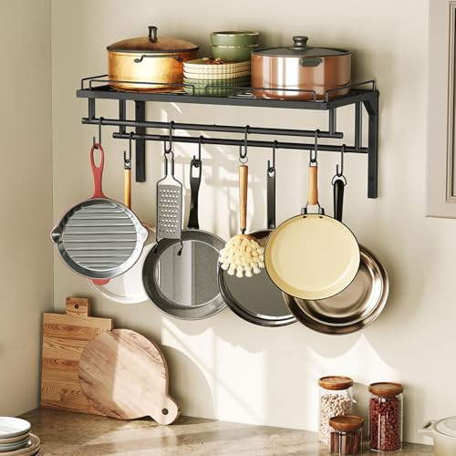 CHOEZON Hanging Pot Rack, Wall-Mounted Pot Rack, Kitchen Cookware Organizer, Metal Pot and pan Organizer Holder, for Cookware, Utensils Organization, Black TPR37BB