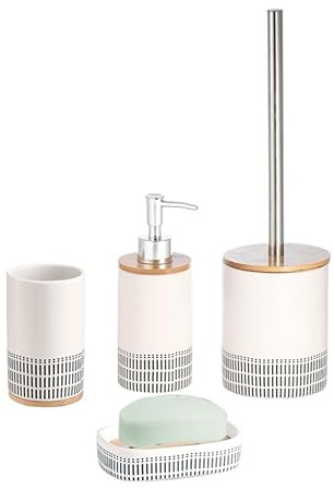 BM Set Accessori Bagno 4 Pezzi in Ceramica e Bambù – Dispenser Sapone, Portaspazzolino, Portasapone, Porta Scopino WC – Design Moderno ed Elegante per un Bagno Ordinato e Raffinato