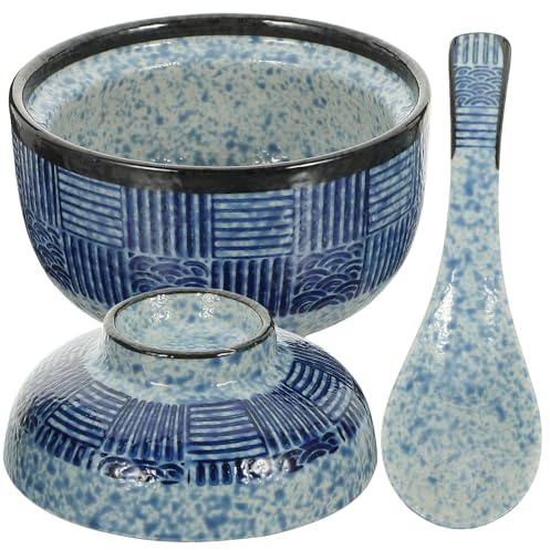TOYANDONA Juego de 2 Cuencos de Cerámica Estilo Japonés con Tapa y Cuchara Cuencos para Sopa Miso y Guisos para Cocina y Restaurante