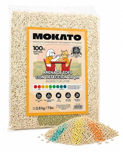 Arena de Tofu para Gatos con Indicador de pH urinario- Detecta Problemas Urinarios | Aglomerante, 99% Sin Polvo, Bioenzimas Antiolor, Biodegradable | 1 Bolsa 2,8 kg / 7L - Mokato