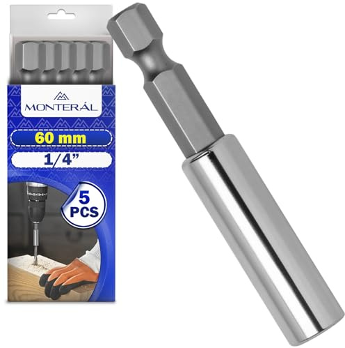 5x Portainserti Magnetico 1/4 x 60 mm Porta Inserti Universale per Trapano | per Avvitatore - Realizzato in Alluminio e Acciaio al Cromo Vanadio - MONTERAL