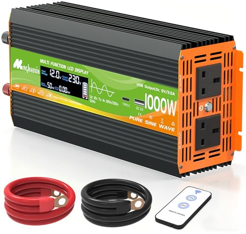 1000W Pure Sine Wave Inverter，12V to 230v 240v Car Converter Power Inverter with USB Ports, 2UK Outlets, Remote Controller and Cooling for Off-Grid, Rv, Truck, Boat, Camping, And Home 2000W Peak