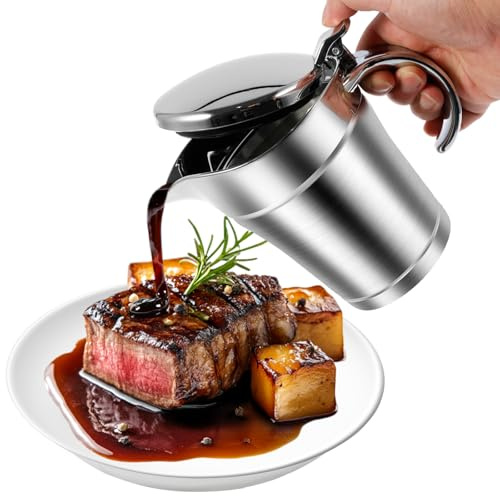 Thermo Sauciere mit Deckel 450ml Edelstahl Doppelwandiger (Silbrig) | Sossierer Auslaufsicherer U-Förmiger Ausgiesser für Heisse Sossen Salatdressings Familienfeste