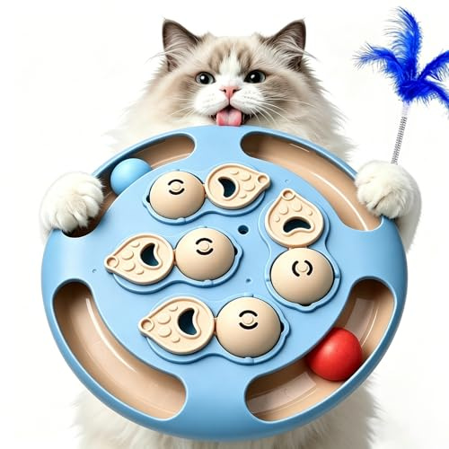 Intelligenzspielzeug für Katzen 2in1 - Interaktives Fummelbrett mit Futtersuchspiel - Futterspielzeug Katze mit Snackfunktion und Rollball - Puzzle mit Feder zur geistigen Auslastung (Himmelblau)