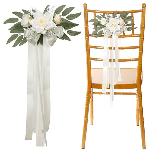 Naapesi Décoration Voiture Mariage Fleurs Artificielles Blanches, Nœuds Vintage avec Ventouses pour Rétroviseur, Poignée de Porte et Chaises, Style Champêtre Romantique pour Cérémonie et Fête