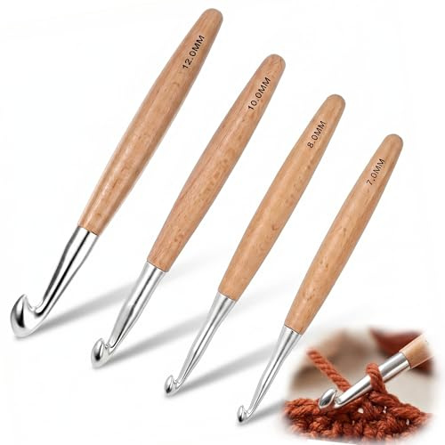 Häkelnadel Set, 7mm, 8mm, 10mm, 12mm Buchenholz Häkelnadeln Ergonomische für Anfänger Fortgeschrittene