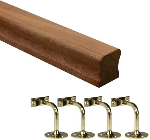 Dark Hardwood HR Handrail Kit with Brass Wall Brackets – Stair Handrail Support Rail for Stairs & Hallways (Multiple Sizes) (3600mm + x 4 Wall Brackets)