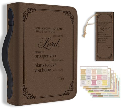 TNKBREEZE Braune Bibelhülle für Damen Herren Retro Vereinfachte Kunstleder Buch Tragetasche mit Lesezeichen Inspirierende Bibelvers Buchhülle mit Griff und Reißverschluss Christliche Geschenke Kirche