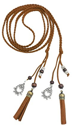 Exotische Damen Mädchen Gürtel Bauchkette mit Quaste und Holzperlen 150cm Lang Geflochtene Waist Belt Tan