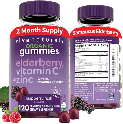 Viva Naturals Sambucus Elderberry Gummies for Adults - 150mg Black Elderberry Vitamin C and Zinc, 3-in-1 Daily Immune Support Gummies, Raspberry Rush Flavor, USDA Organic, Non-GMO, (120 Count)