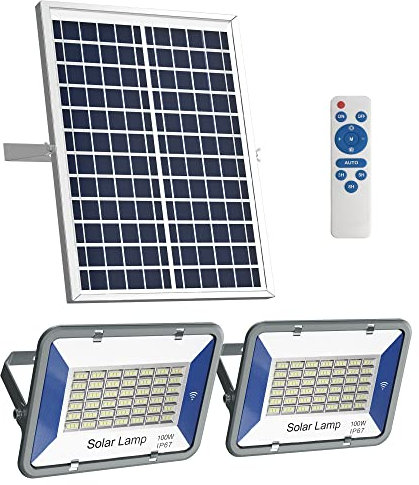Luz solar de inundación, paquete de 2 unidades de 100 W del atardecer al amanecer con control remoto LED blanco brillante proyectores Ip67 resistente al agua luz solar para patio, jardín, cobertizo,