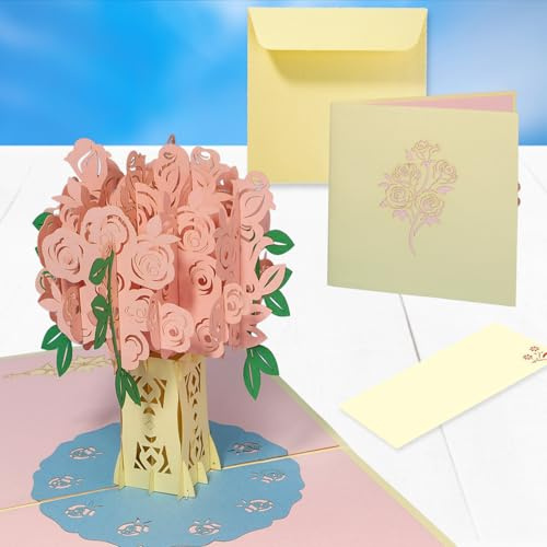 POP-UP Karte Rose – Rosa Blumenstrauß 3D Glückwunschkarte für Geburtstag, Muttertag & Hochzeit – Grußkarte mit Rosenmotiv – Klappkarte N385
