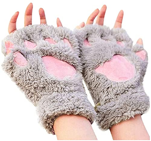 rackbone Kvinnors fleecehandskar kattklor handskar katt tass vantar fuskpäls vantar vinter varma halvfinger handskar söta katttass cosplay varma tecknade handskar, Färg: grå, one size