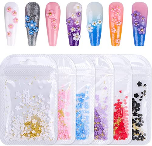 Kalolary 3D Flower Nail Charms, 6 Bags of 170 Pieces Each, Acrylic, Irregular Shaped, Nail Art Rhinestones, Floral Pattern, White, Pink, Purple, Blue, Red, Black