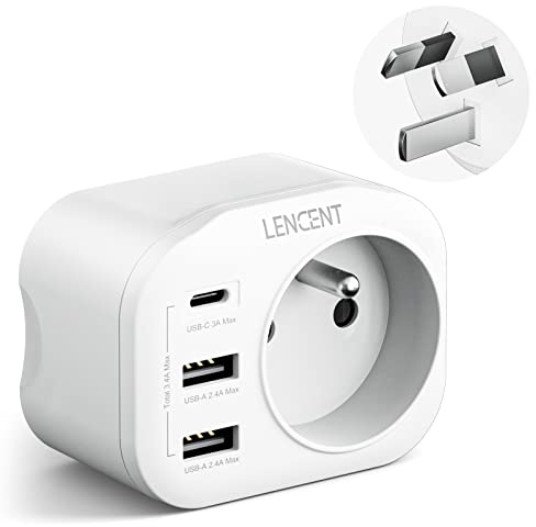 LENCENT Adaptateur Prise AU Australie Chine Nouvelle-Zélande | avec 2 Ports USB & 1 Port USB-C adapté à AUS Prise Française Adaptateur électrique Mâle AU Femelle France, Type I