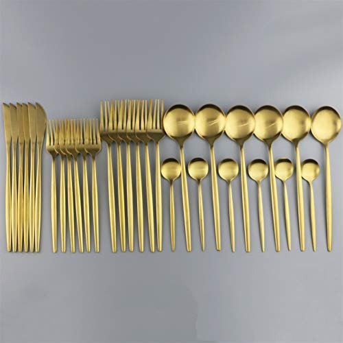 30pcs Coutellerie en or noir Ensemble de dînettes de luxe fini de luxe Argenterie en argent en acier inoxydable couteau de couteau fourchette cuillère cuillère Coutellerie (Color : Gold)