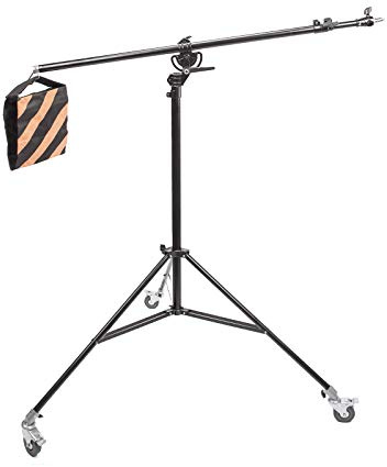 BOLLUMA Professionelles Lichtstativ Lichtständer 390cm mit 190cm Boom Arm Haltearm und Stativrollen, verstellbare mit Sandsack, geeignet für Fotostudio Video, Fotografie, Monolights und Reflektoren
