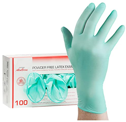DE Healthcare Products – Latex-Einmalhandschuhe mit Aloe Vera (100 Stück), puderfrei, unsteril, hydralisierend, apfelgrüne Handschuhe für beide Hände, XS