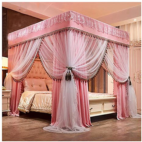 BUJOG Prinzessinnen-Bettvorhänge, Himmelbett, Himmelbett, Mädchen-Baldachin für Schlafzimmer, Moskitonetz, Verdunkelung, King-Size-Betthimmel mit Metallhalterung (Größe: 1,5 x 2 m/4,9 x 6,6 Fuß)