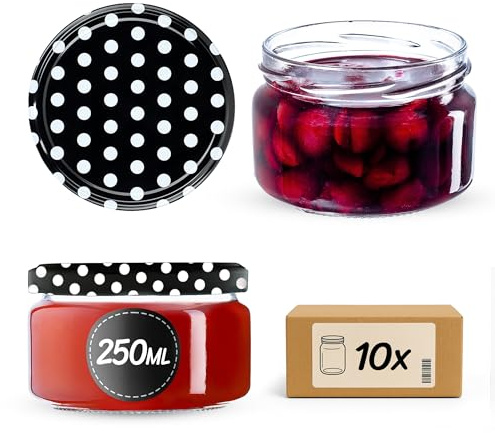 KADAX Lot de 10 petits bocaux de confiture avec couvercle - 250 ml - hermétiques - Pour le miel et les épices - À pois noirs