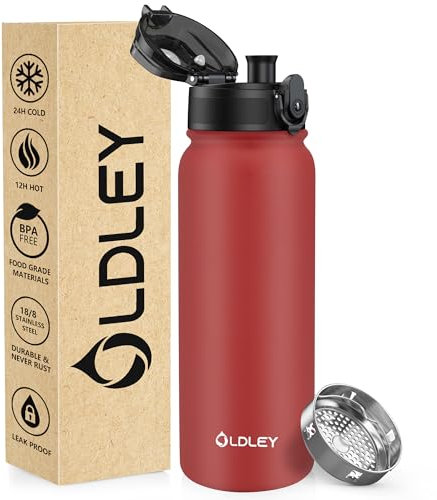 OLDLEY 600ml/20oz Stainless Steel Water Bottle Double Walled Vacuum Flask Keeps Drink Hot and Cold Leakproof BPA Free 600ML Metal Insulated Water Bottle for Sport School Work Outdoor Hiking (Red)