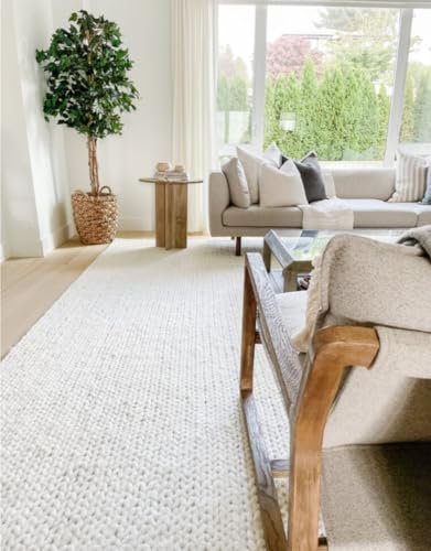 FRELISH DECOR Wool Cotton Area Rug for Living Room and Bedroom, 5'x8' Handwoven Braided Chunky Knit Cable Rugs, Farmhouse Contemporary Area Rug: Wool Ivory Premium