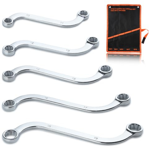 SPEEDWOX 5Pcs Metric S-Shape Box End Wrench Set, 10-19mm, Double 12-Point, Chrome Finish, Roll-Up Pouch, Alloy Steel, Polished, Manual Operation