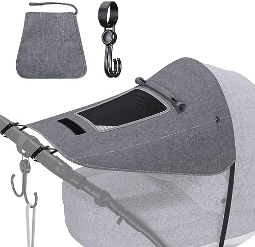 GWHOLE Pram Sun Shade Cover with Viewing Window, UV Protection Fabric Stroller Sunshade, Universal Fit for Prams Buggies Pushchairs, Windproof Rainproof Baby Travel Accessory with 1 Hook