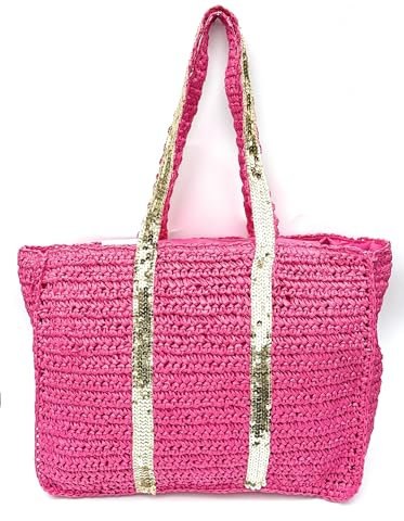 stylx Korbtaschen Payetten GOLD Damen Stroh Umhängetasche Mori EIN-Schulter-Strohsack Handgewebte Basttasche Korbtasche Sommer Strand Frauen Weben Handtasche für Arbeit Reise Outdoor (fuchsia/gold)