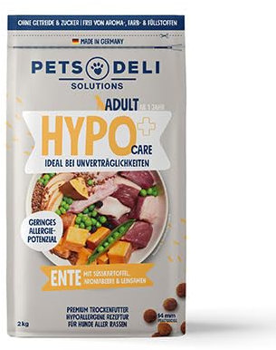 Pets Deli Trockenfutter für Hunde Hypocare Ente mit Süßkartoffel, Aroniabeere & Leinsamen - ohne Zucker und Gluten, 2kg