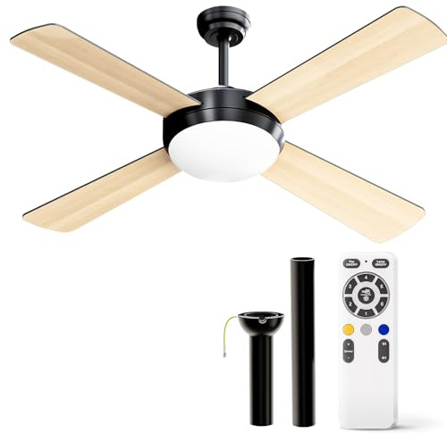 HOOLED Deckenventilator mit Beleuchtung Licht Fernbedienung und 4 Holz Ventilatorflügeln Leise, Deckenventilator-Kronleuchter mit Timer, einstellbare Helligkeit und Farbtemperatur (FAN101)
