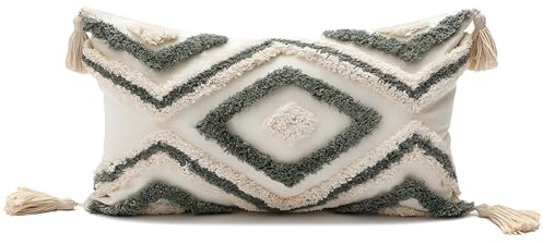 YULUOSHA Dekorative Boho Kissenbezug,Boho Kissen Beige Deko Baumwolle Dekokissen Marokko getuftete Kissenhülle Kissenbezüge Quaste für Sofa Schlafzimmer Wohnzimmer Dekor (1, grün, 50 x 30 cm)