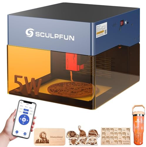 SCULPFUN iCube Pro 5W Engraving Machine, Mini Portable Desktop Engraver Cutter for Wood Black Acrylic and 304 Stainless Steel with Smoke Filter, Support Bluetooth Connection, Working Area 125×125mm