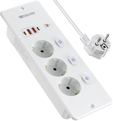 Einbausteckdose mit 4 USB, 3 Fach Tischsteckdose mit 3 Einzeln Schalter, Einbausteckdose mit USB und 2M Kabel, Versenkbare Steckdose mit 2 USB A+2 USB C für Familie, Büro, Weiß