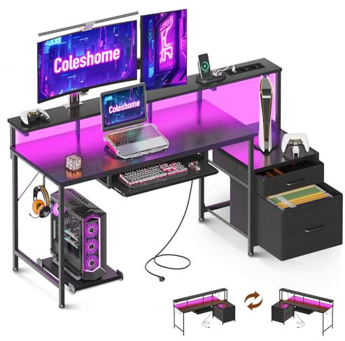 Coleshome Gaming Tisch mit LED, 140x48cm Schreibtisch mit Stoff Schubladen Computertisch mit 2 Steckdosen&2 USB Anschlüssen, Gaming Schreibtisch mit Monitorständer für Home Office, Schwarz