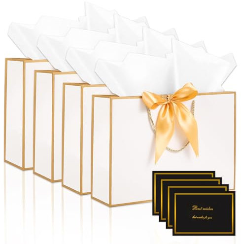 Realjoy 4 Stück Geschenktüten, 28x20x10cm Papiertüten, Geschenktaschen mit 4 Schleife, 4 Karten und 8 Seidenpapieren, Geschenktüte für Hochzeiten,Weihnachten,Geburtstagsfeiern(Weiße)