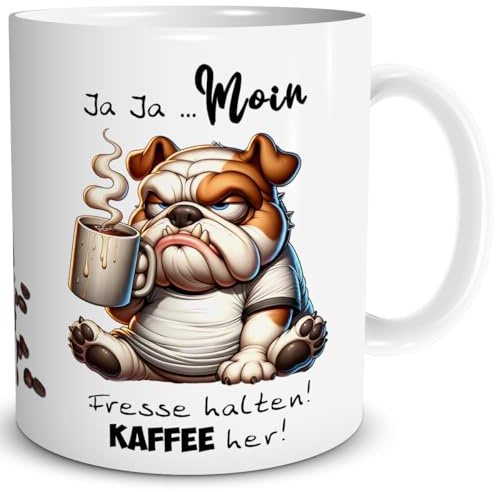 TRIOSK Tasse Morgenmuffel Hund lustig mit Boxer Spruch Moin Fresse halten Kaffee her Spaß Kaffeemotiv Geschenk für Kaffeeliebhaber Frauen Männer Hundebesitzer Weiß, Keramik 300ml